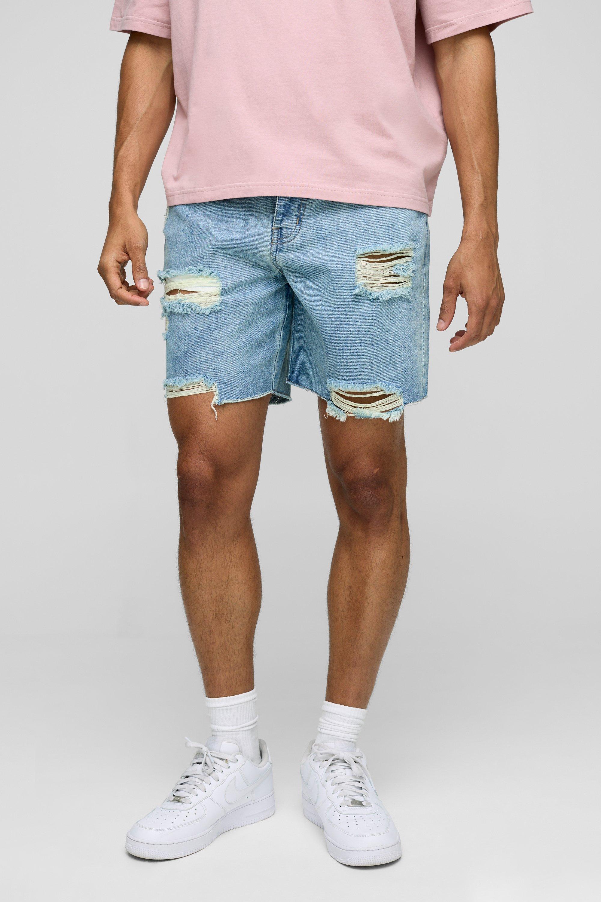 Relaxed Fit Mid Length Ripped Denim Shorts
